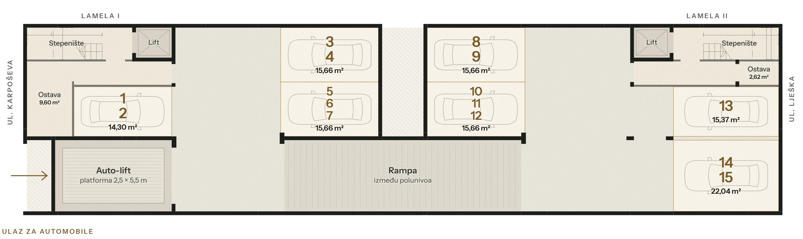 Osnova garaže, nivo −2: parking mesta 1–15, auto-lift, rampa, stepeništa i liftovi obe lamele